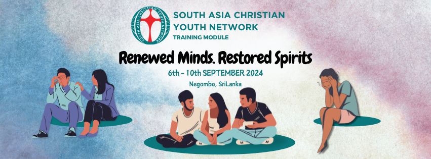 Conference poster with the SACYN LOGO, a title that says Renewed Minds. Restored Spirits, and gives the dates 6th to 10th September 2024. Negombo, Sri Lanka